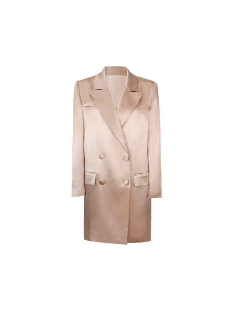 lapel spring pink high-end satin double-breasted suit blazer dress - Jaui