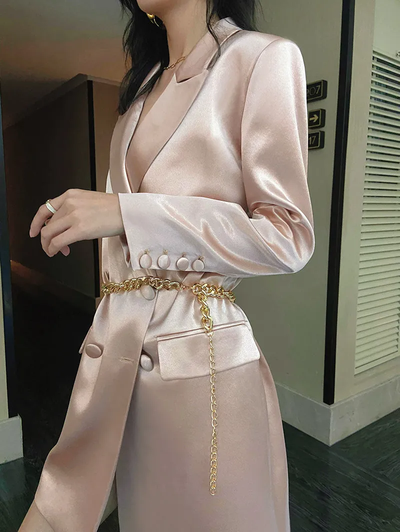 lapel spring pink high-end satin double-breasted suit blazer dress - Jaui