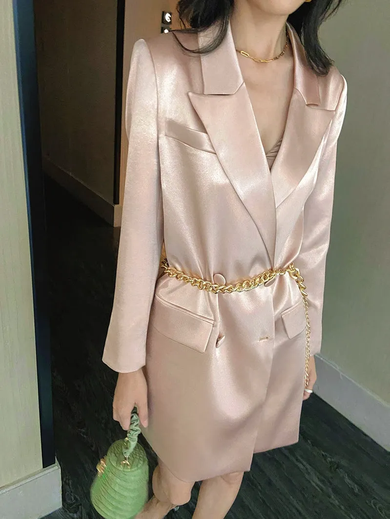 lapel spring pink high-end satin double-breasted suit blazer dress - Jaui