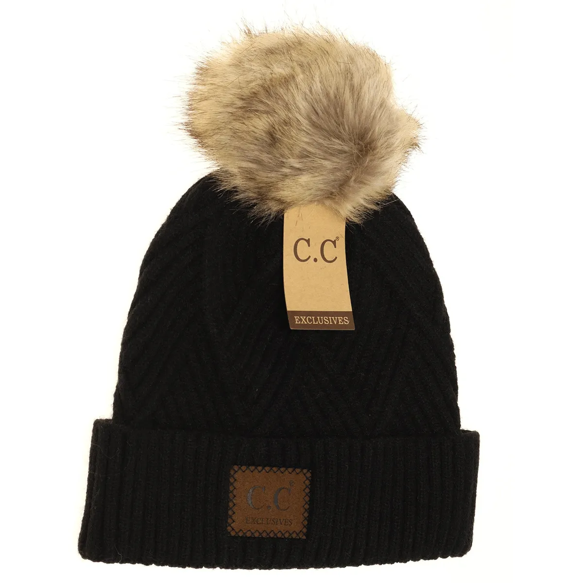 Large Patch Heathered Pom Beanie in Black