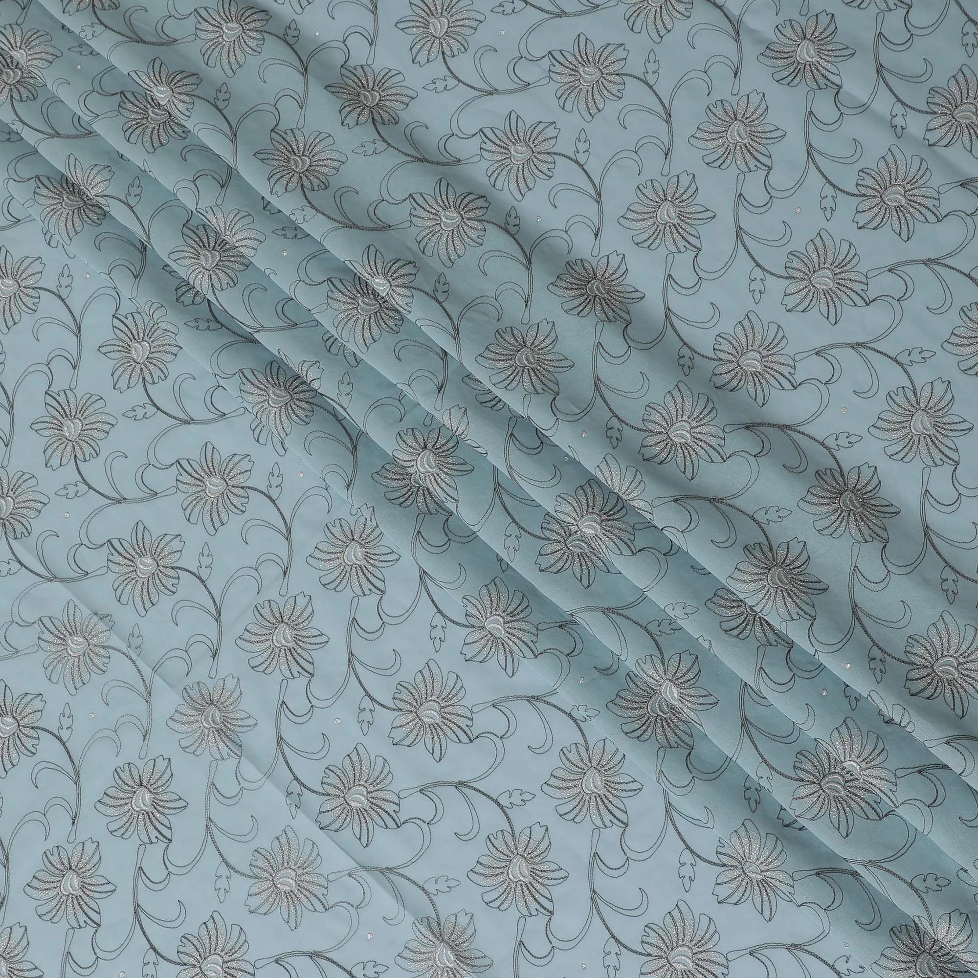 Light mint blue Premium pure 100% Swiss cotton voile (Sudanese Thobe) fabric with grey and silver embroidery having stone work in fancy design-D13797