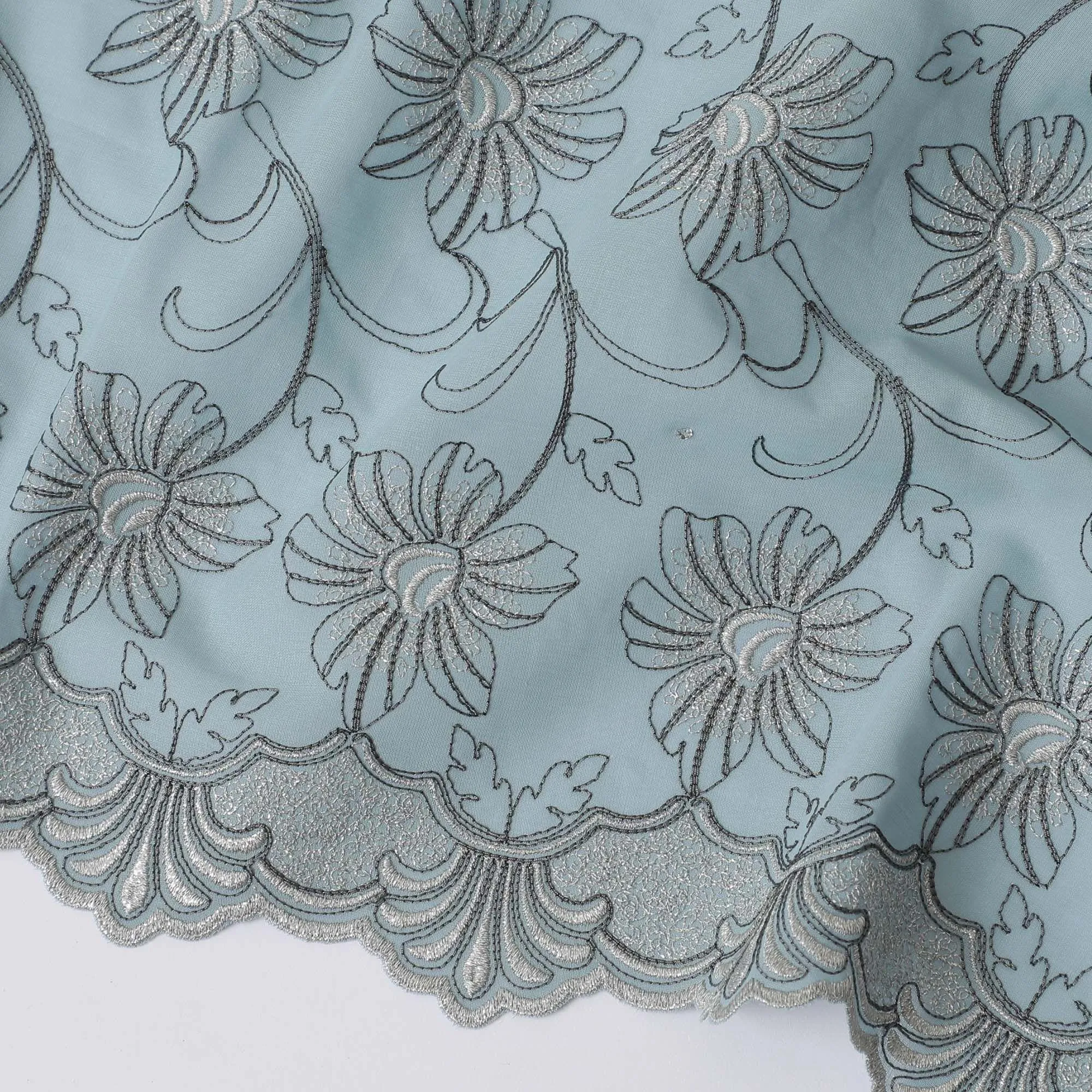 Light mint blue Premium pure 100% Swiss cotton voile (Sudanese Thobe) fabric with grey and silver embroidery having stone work in fancy design-D13797