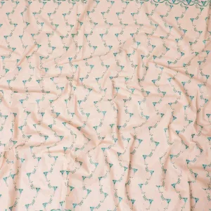 Light peach Premium 100% Swiss cotton voile (Sudanese Thobe) fabric with teal green and silver embrodiery in floral design-D13519