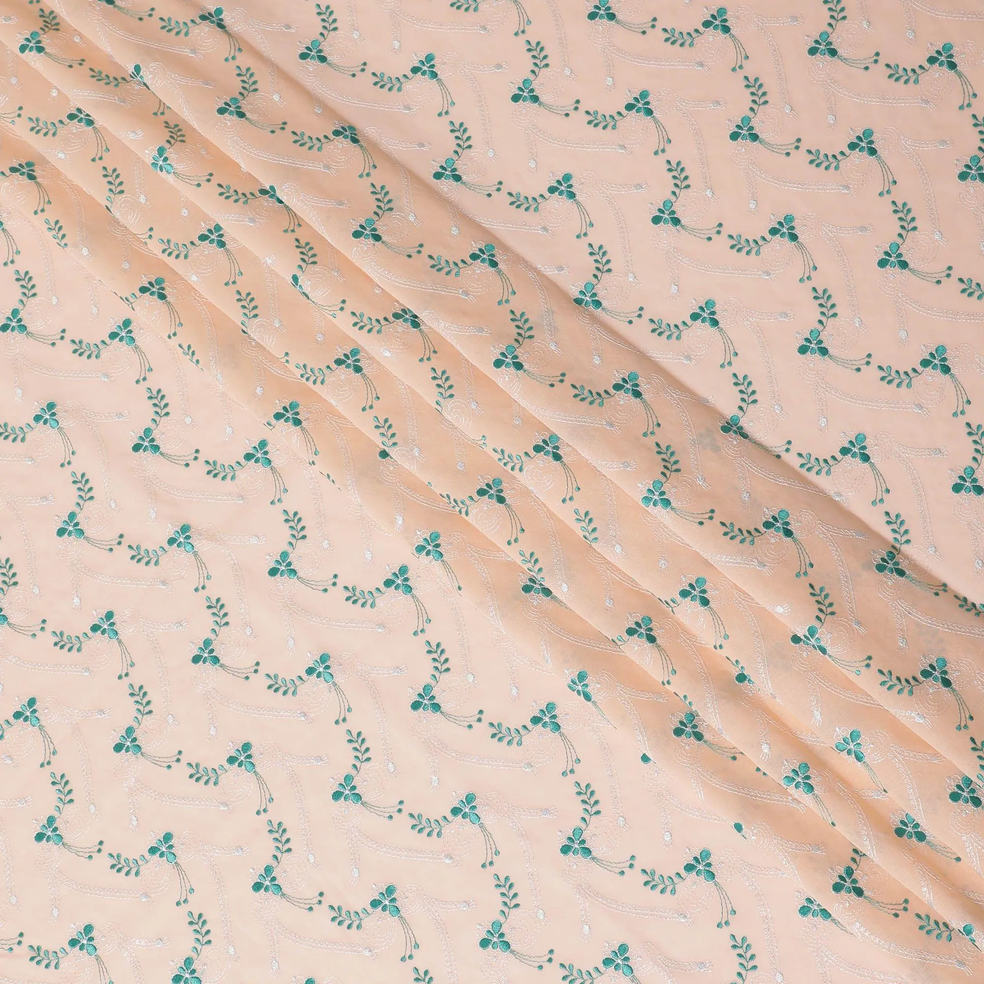 Light peach Premium 100% Swiss cotton voile (Sudanese Thobe) fabric with teal green and silver embrodiery in floral design-D13519