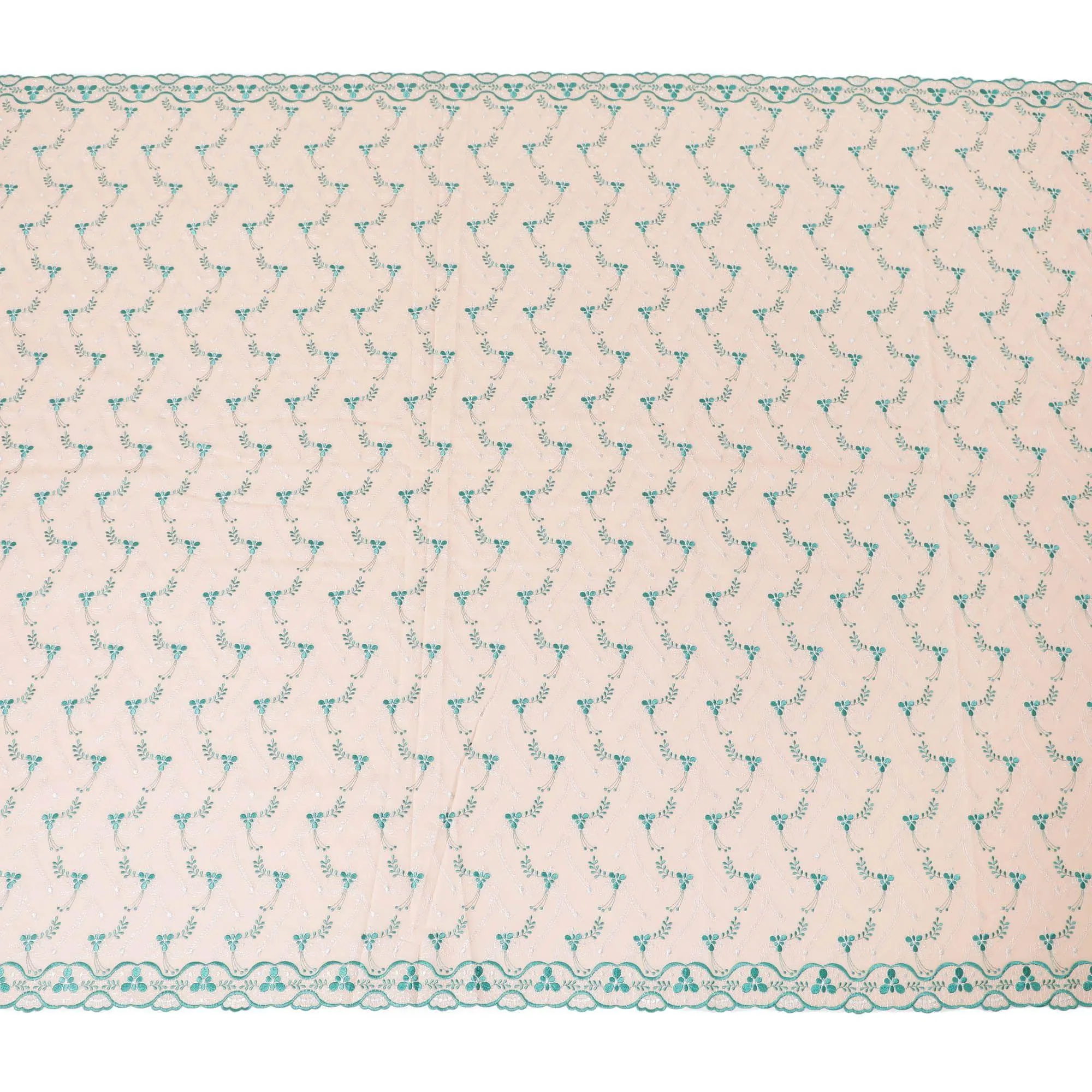 Light peach Premium 100% Swiss cotton voile (Sudanese Thobe) fabric with teal green and silver embrodiery in floral design-D13519