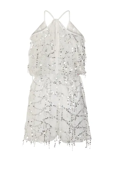 Lily White Sheer Plunge Silver Sequin Tassel Fringe Playsuit Romper