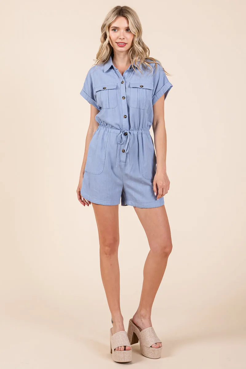 Linen Collared Button Up Waist Drawstring Romper