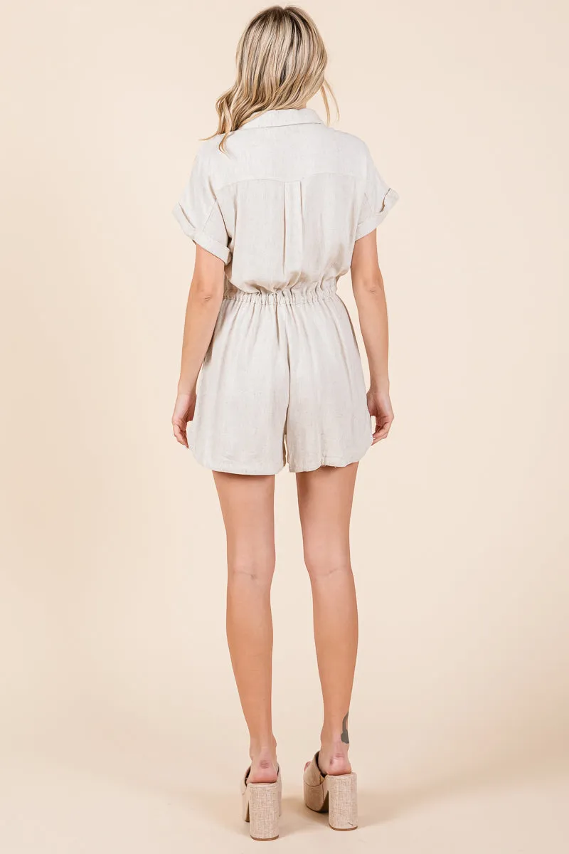 Linen Collared Button Up Waist Drawstring Romper