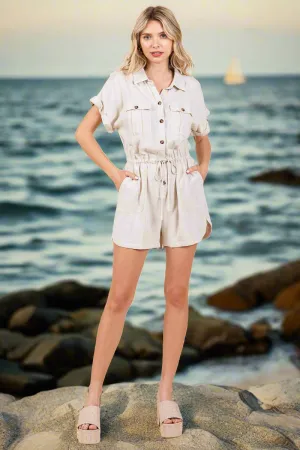 Linen Collared Button Up Waist Drawstring Romper