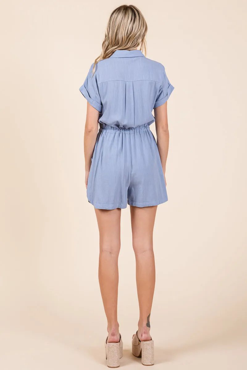 Linen Collared Button Up Waist Drawstring Romper