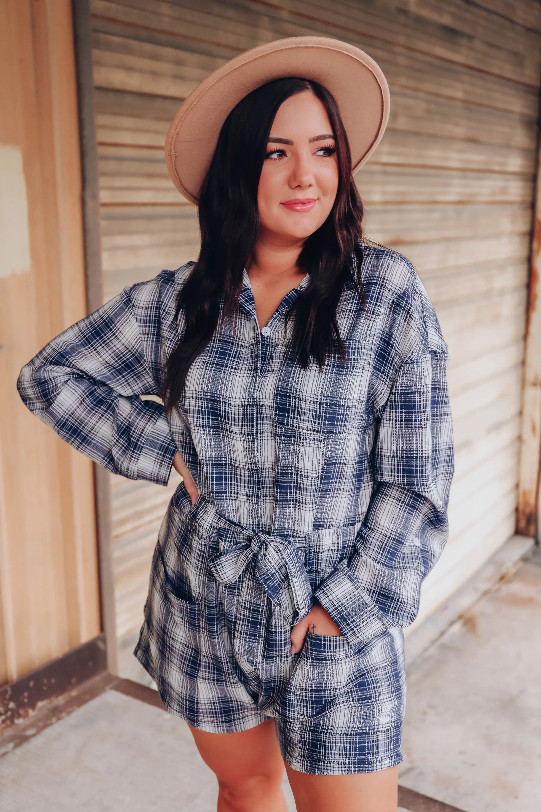 Living Easy Plaid Pocketed Romper - Navy