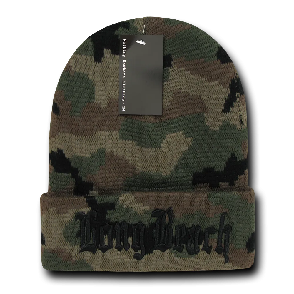 Long Beach City Beanie Knit Cap, Camo/Black