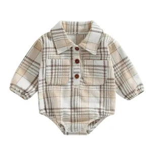 Long Sleeve Plaid Collar Baby Romper