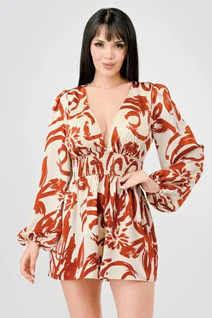 LUXE BOHO PRINT SATIN V NECK OPEN BACK ROMPER