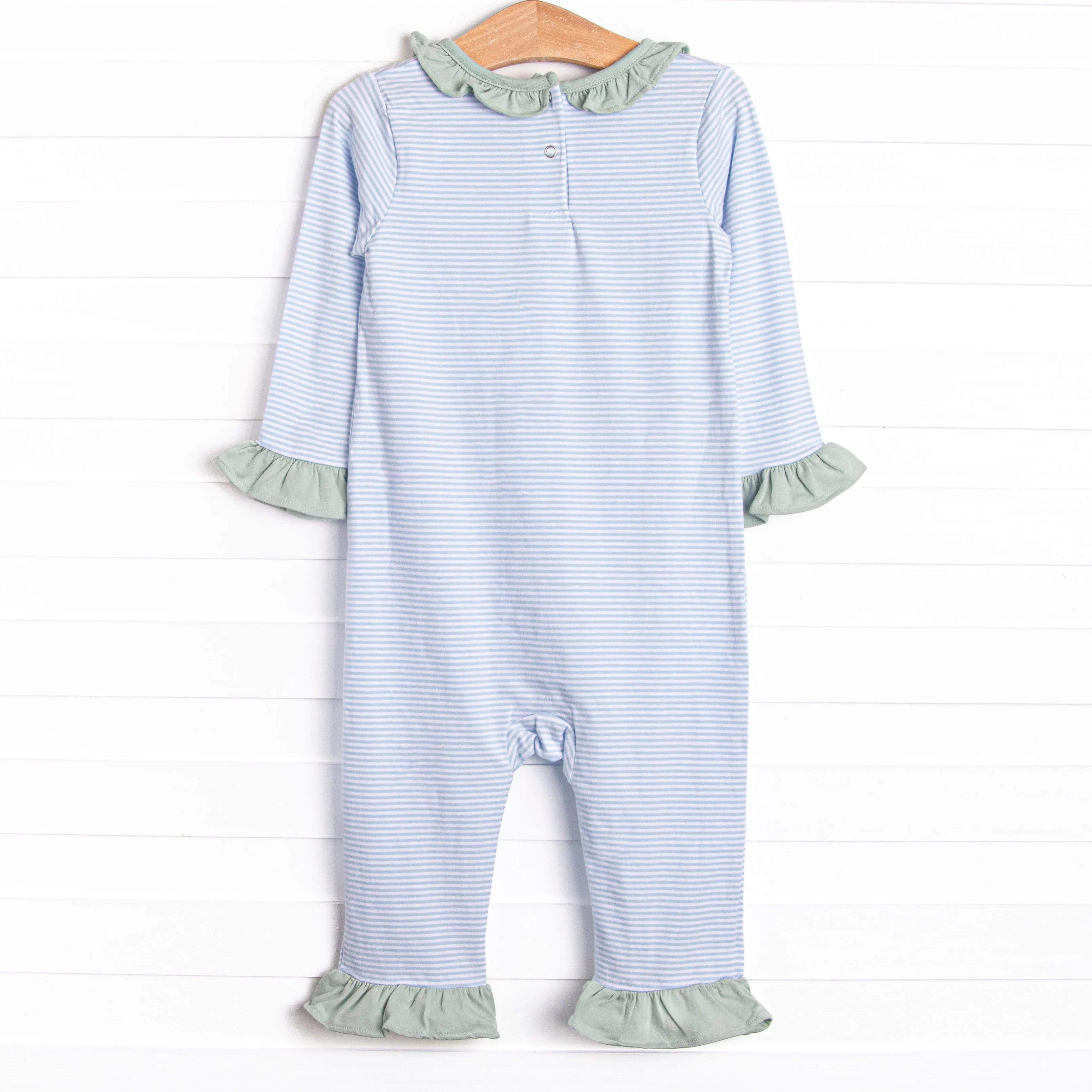 Lyla Ruffle Romper, Light Blue Stripe