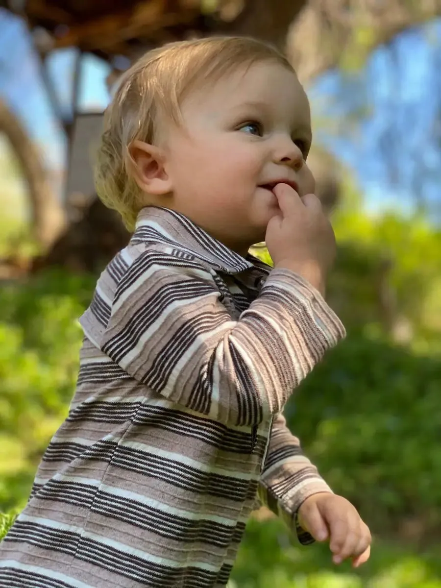 Mushroom textured stripe polo romper | Me & Henry