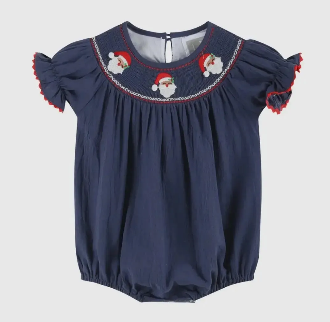 Navy Blue Santa Smocked Bubble Romper