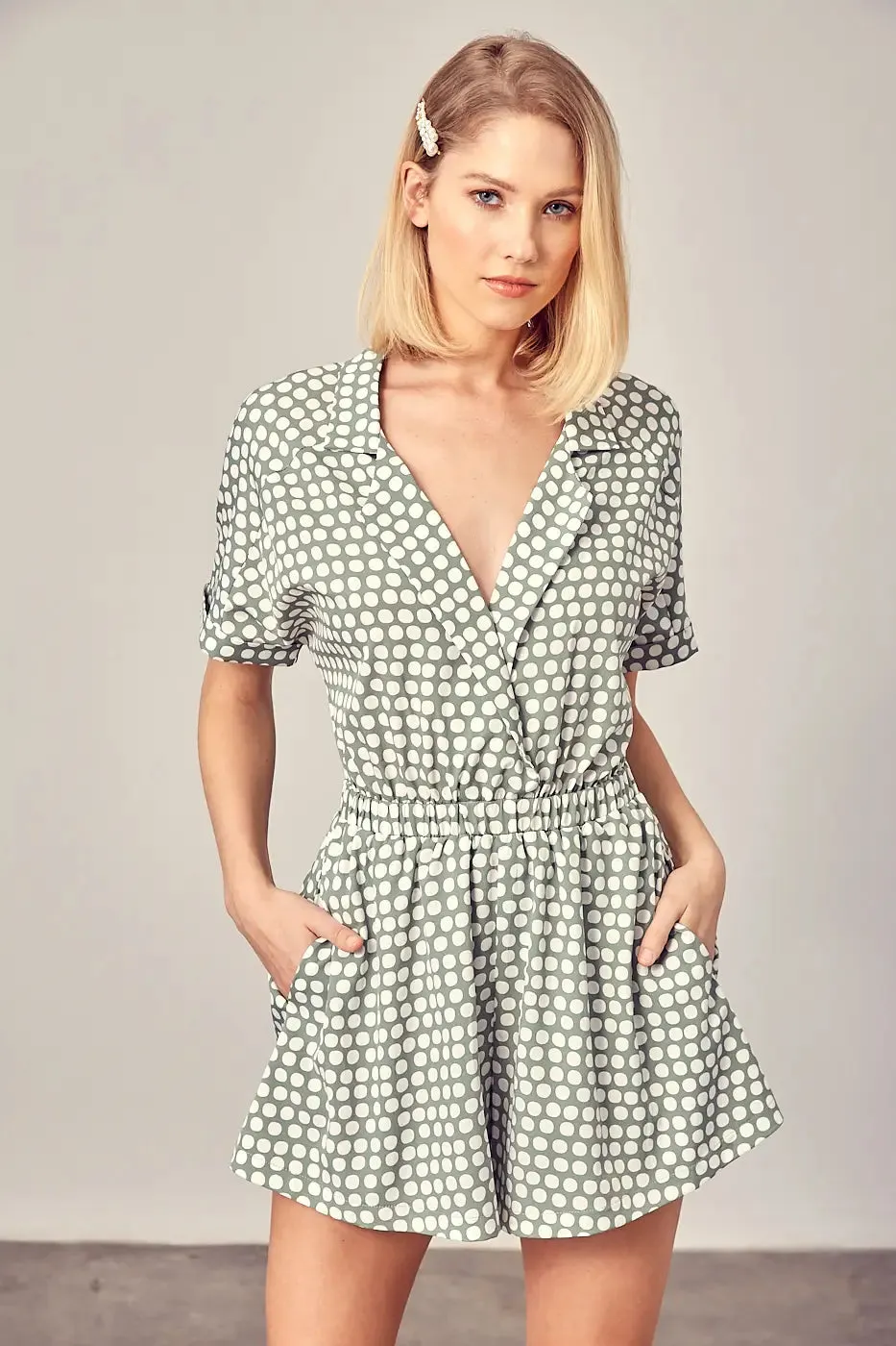 New Style Collared Overlap Polka Dot Romper