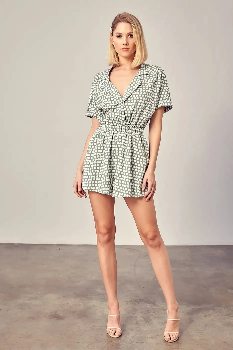 New Style Collared Overlap Polka Dot Romper