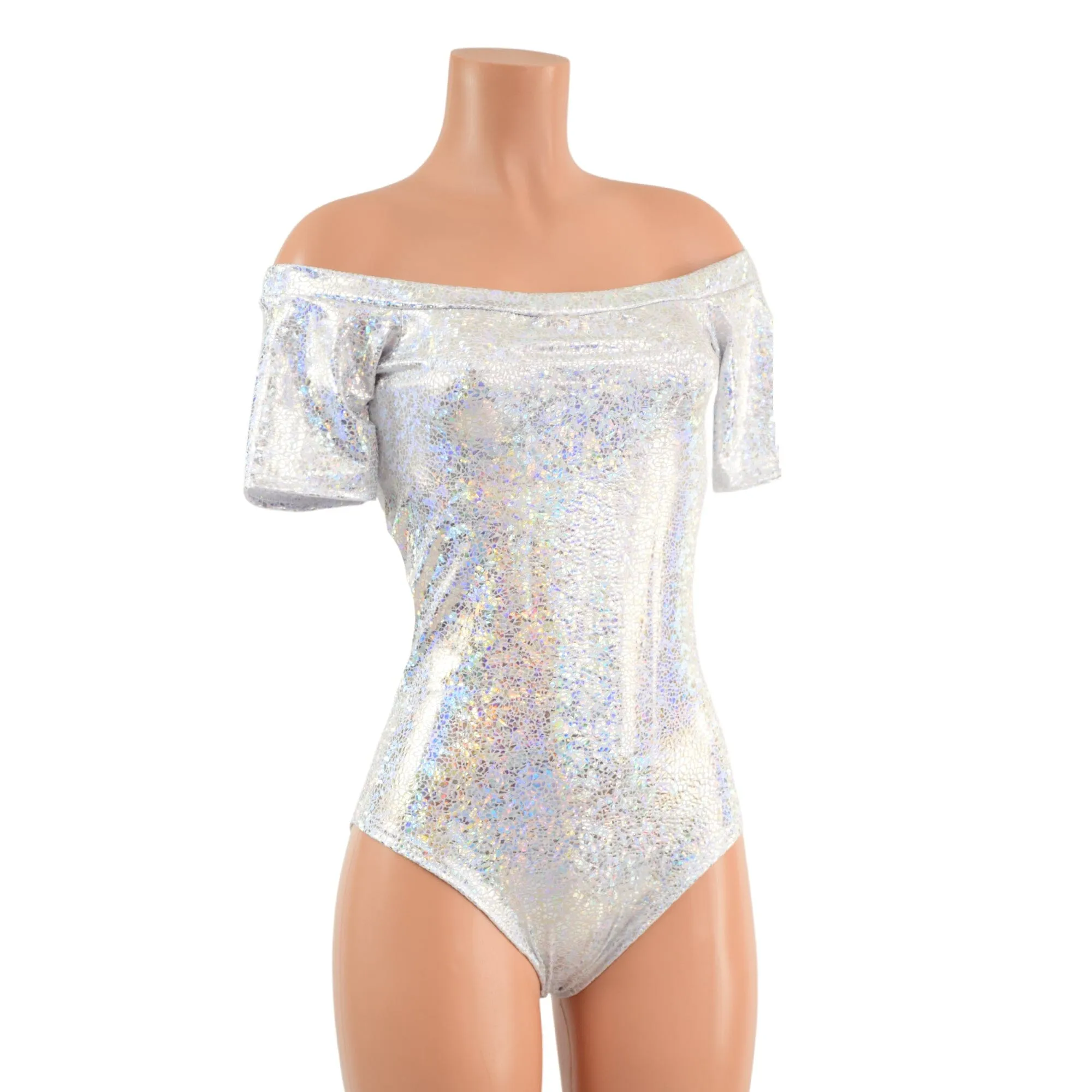 Off Shoulder Romper in Silver on White Shattered Glass