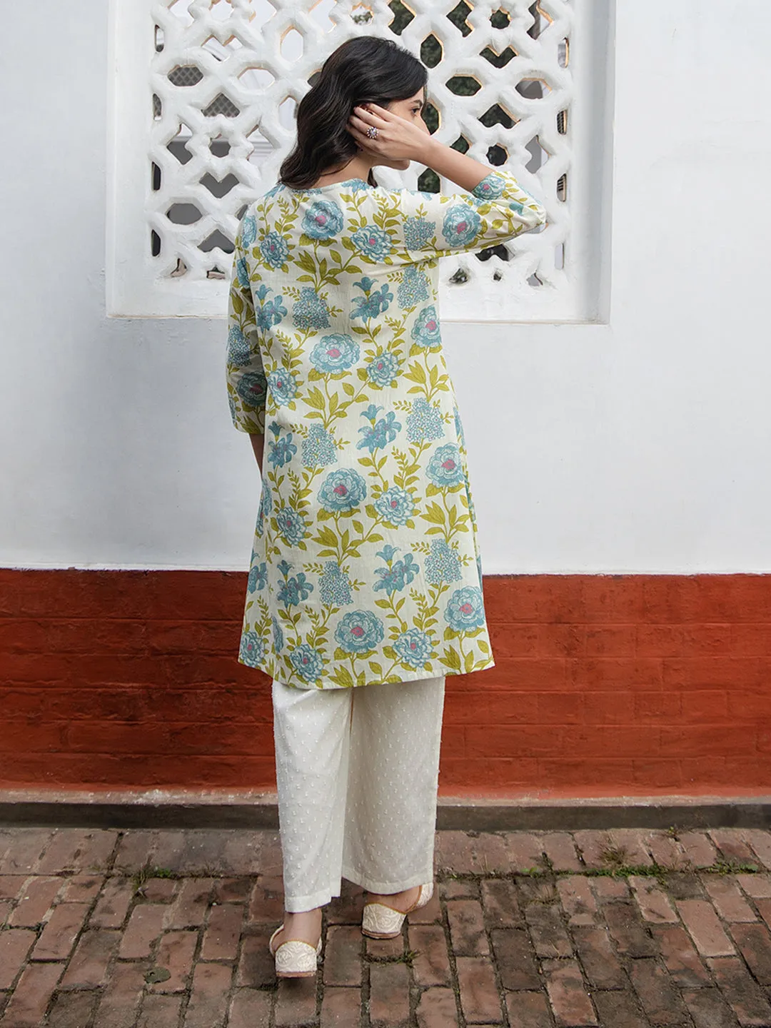 Off White Cotton Floral Tunic  - By Janasya