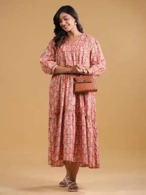 Orange Cotton Printed A-Line Casual Dress