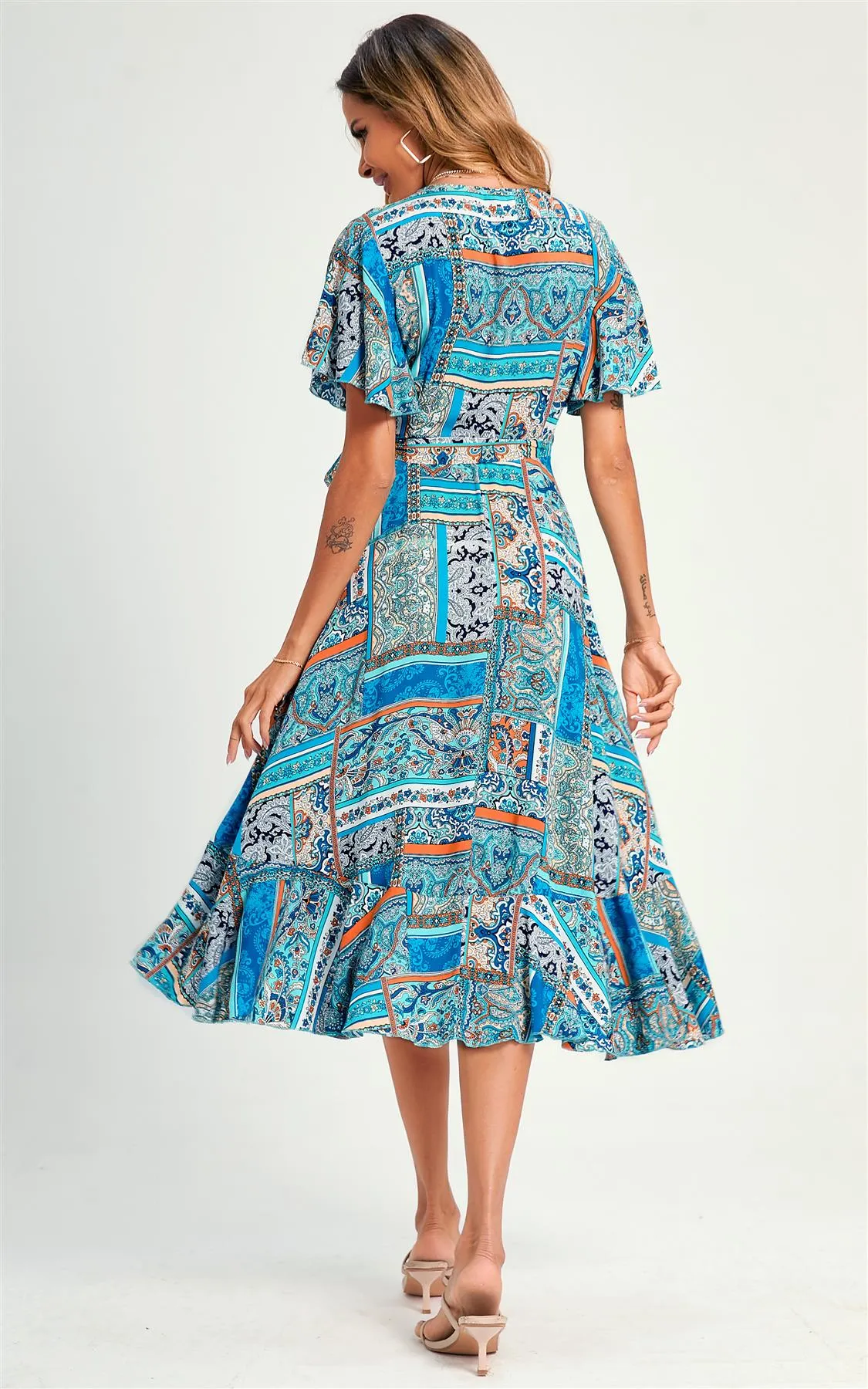 Paisley Print Hem Wrap Midi Dress In Blue