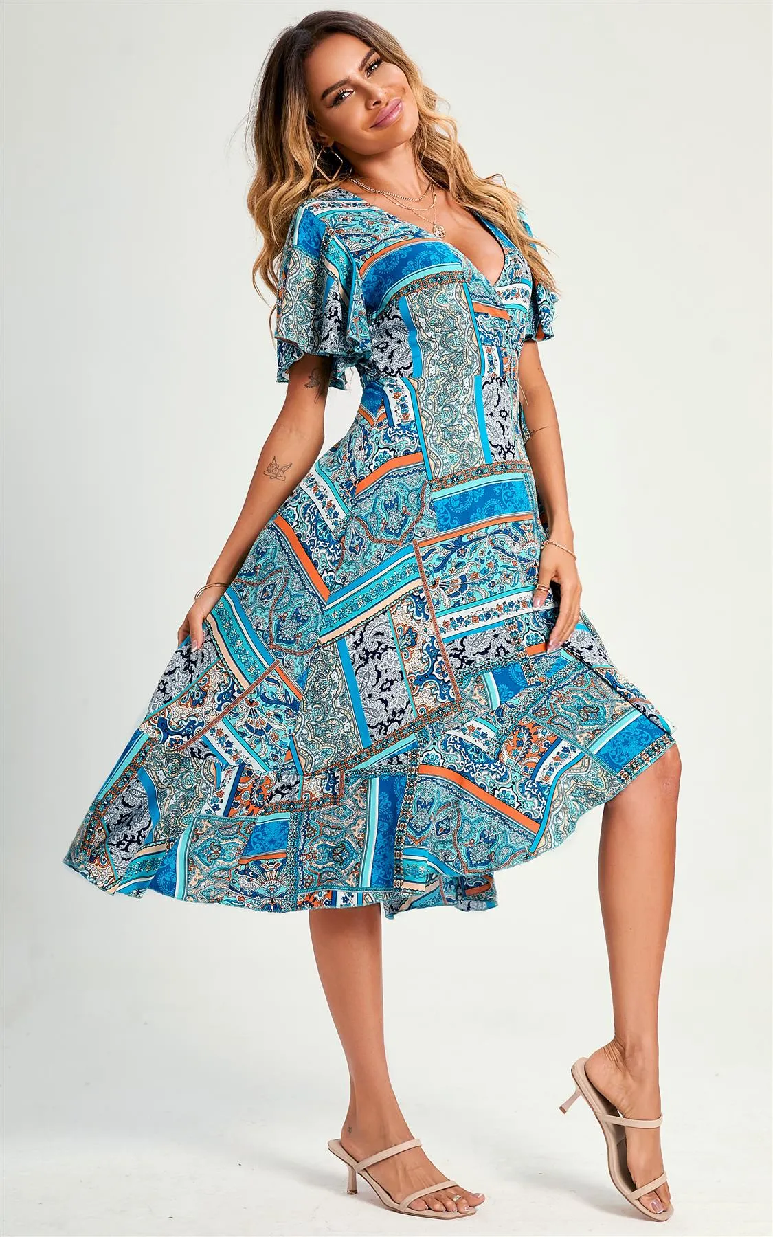 Paisley Print Hem Wrap Midi Dress In Blue