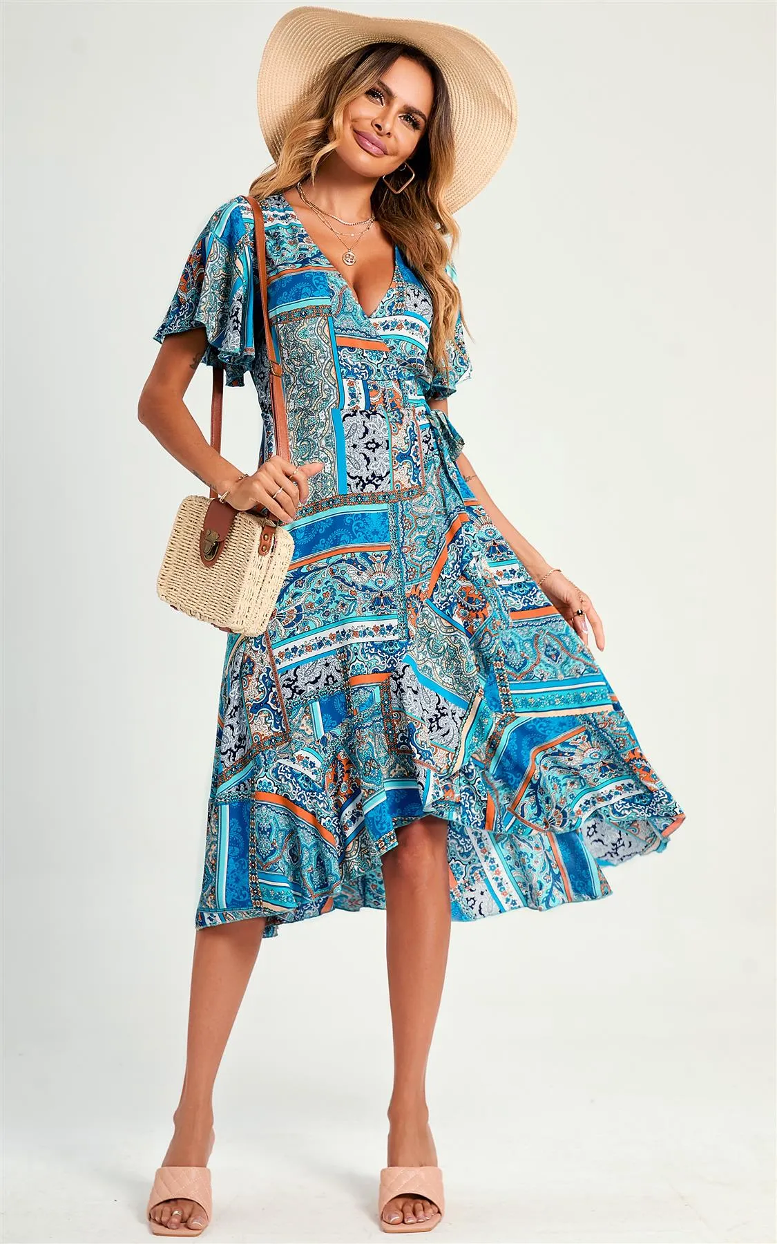 Paisley Print Hem Wrap Midi Dress In Blue