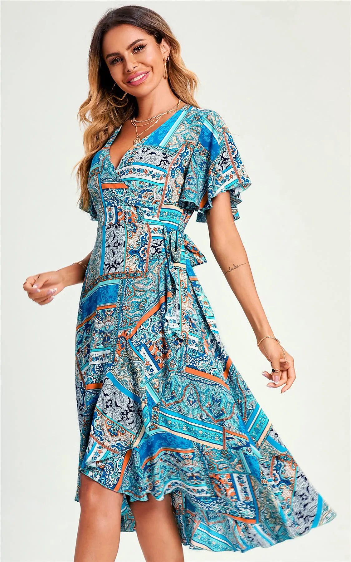 Paisley Print Hem Wrap Midi Dress In Blue