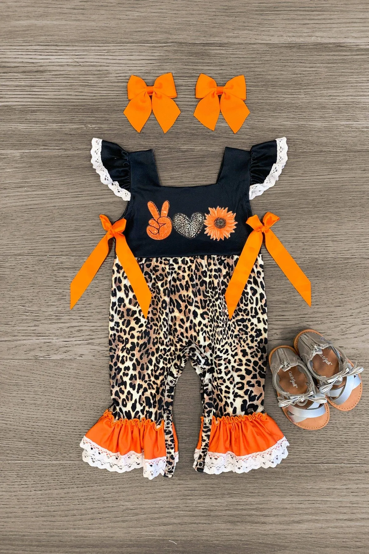 Peace Love Sunflower Orange Cheetah Romper