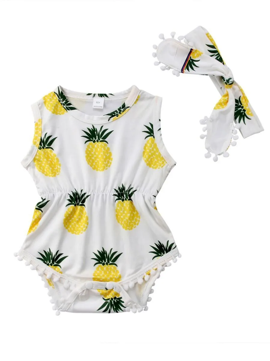 Pineaple Print Pom Pom Trimmed Sleeveless Baby Onesie   Headband