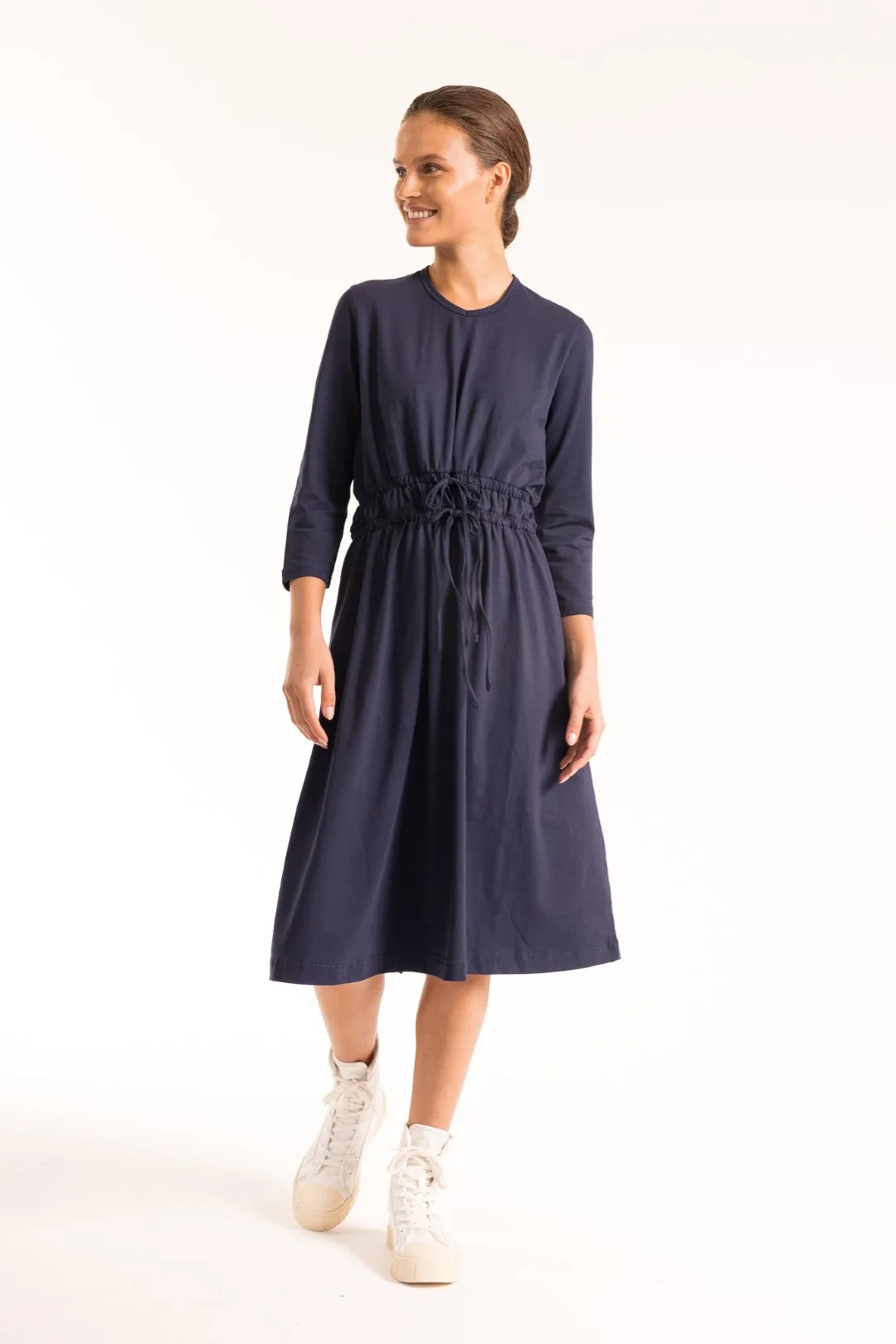 Pinny Cotton V Neck Drawstring Midi Dress