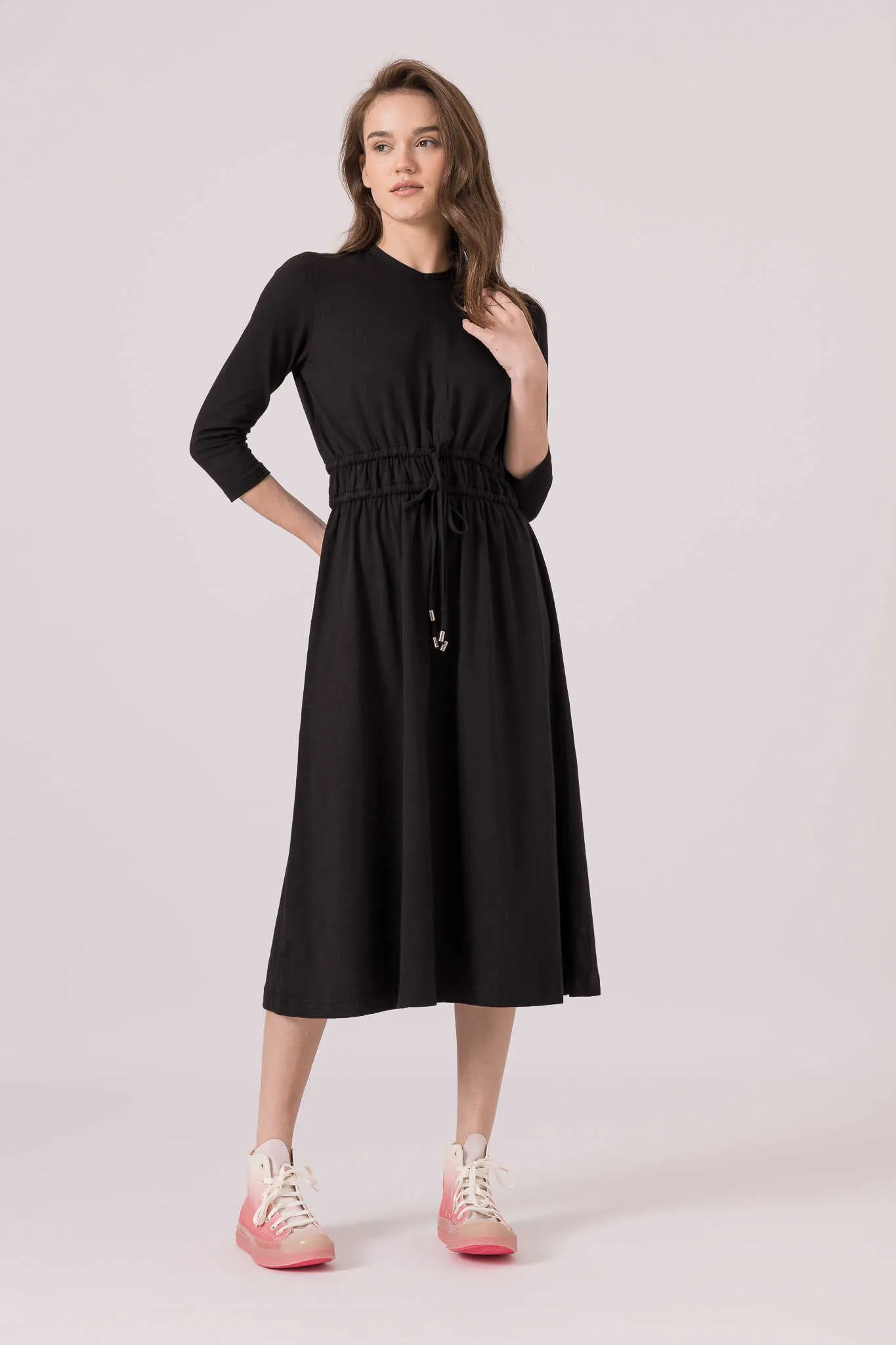 Pinny Cotton V Neck Drawstring Midi Dress