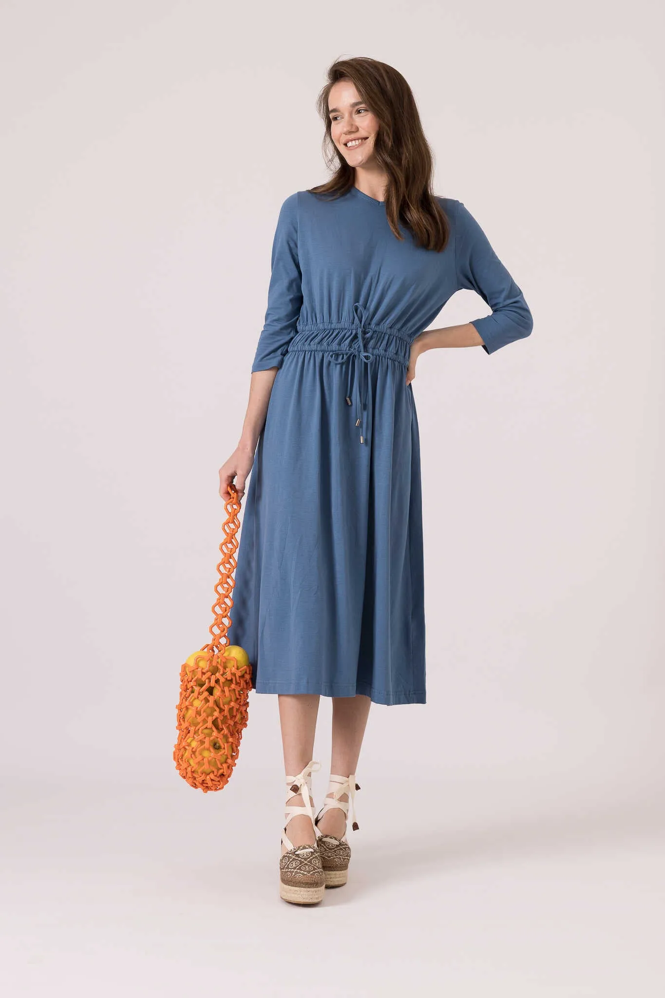 Pinny Cotton V Neck Drawstring Midi Dress