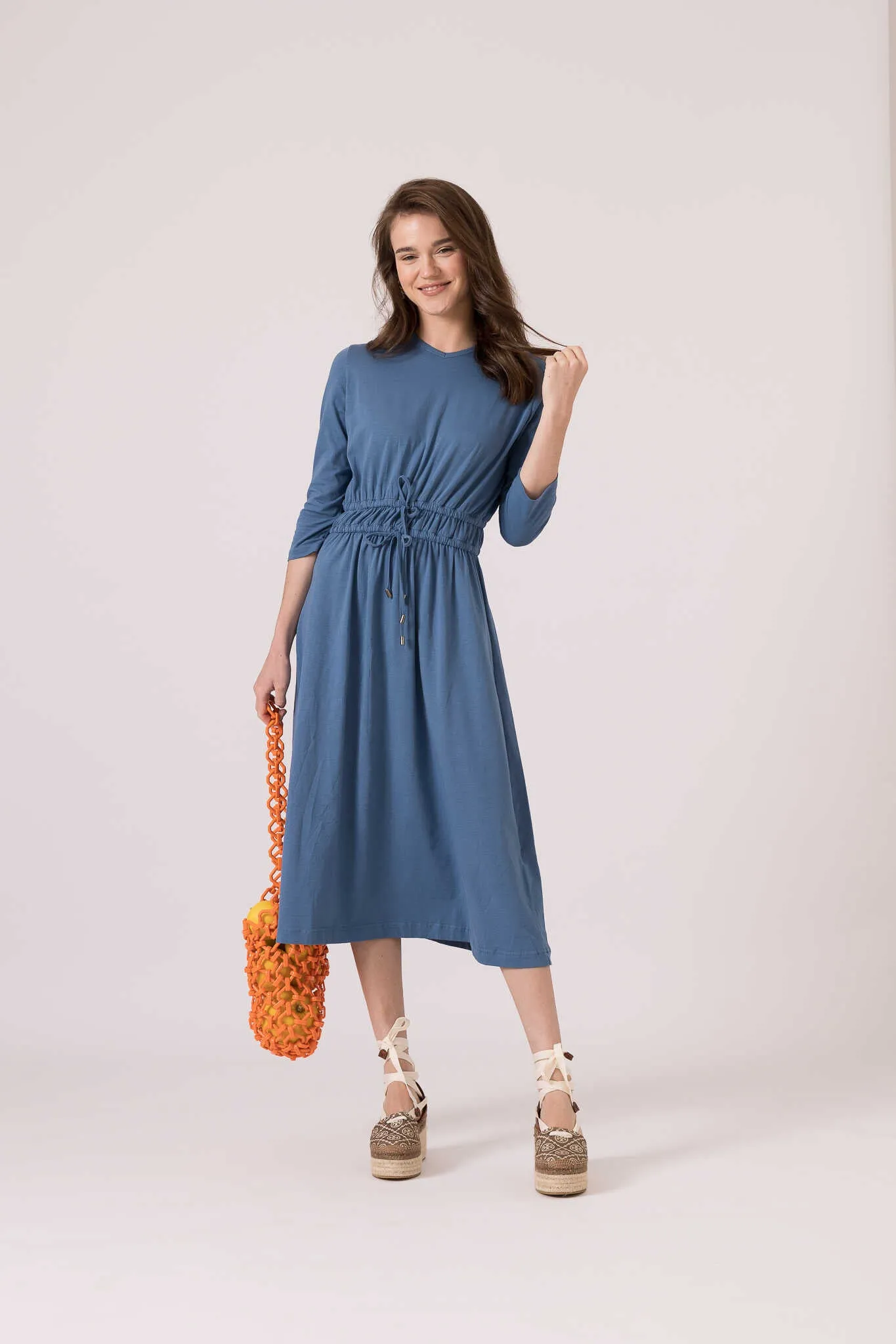 Pinny Cotton V Neck Drawstring Midi Dress