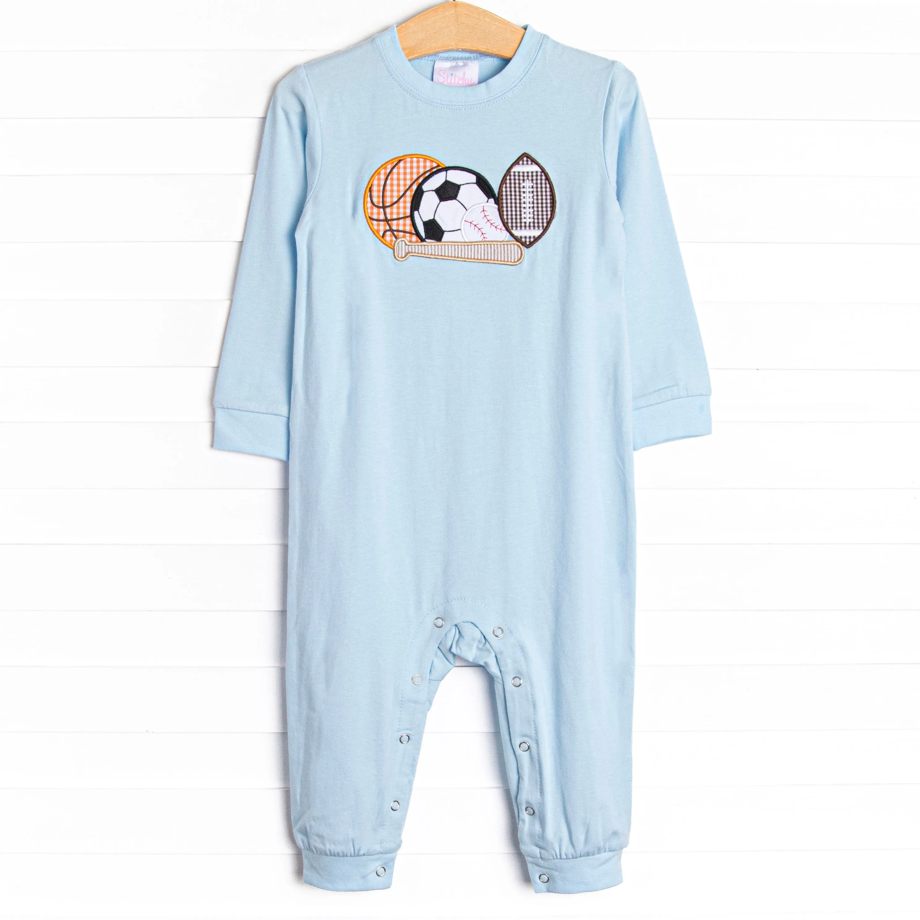 Play Ball Applique Romper, Blue