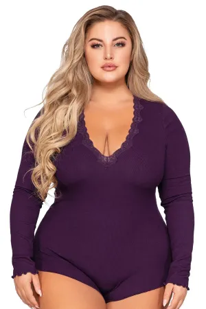 Plus Size Purple Stretch Rib Knit Sleepwear Romper with Plunge Neckline