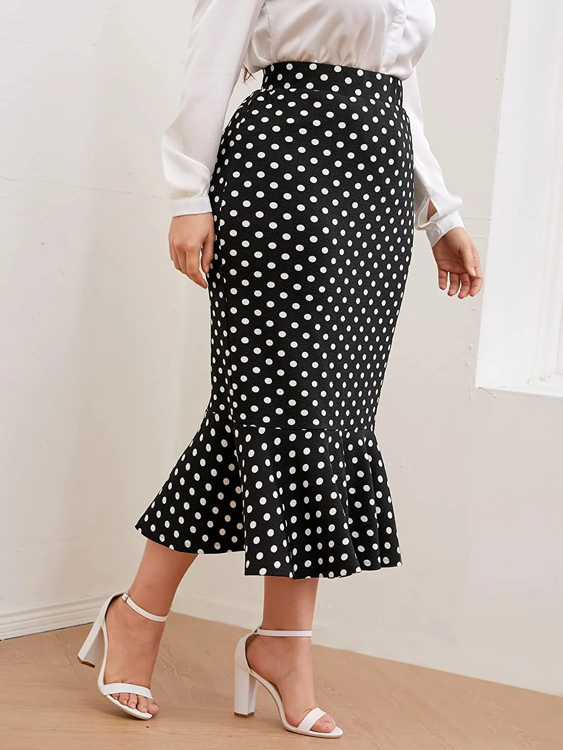 Plus Size Ruffle Hem Black Polka High Waist Pencil Mermaid Skirt