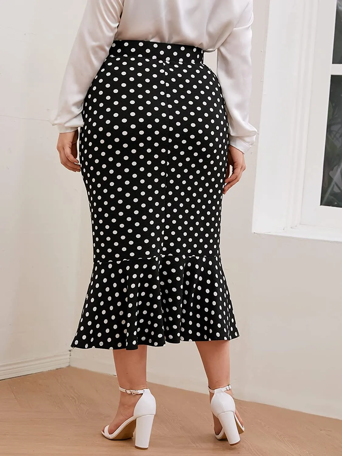 Plus Size Ruffle Hem Black Polka High Waist Pencil Mermaid Skirt