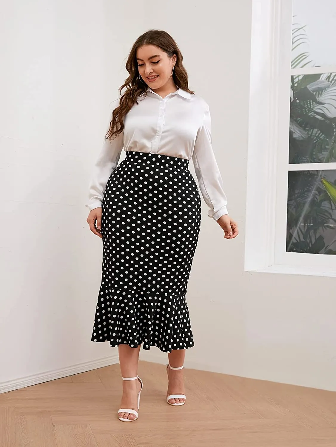 Plus Size Ruffle Hem Black Polka High Waist Pencil Mermaid Skirt