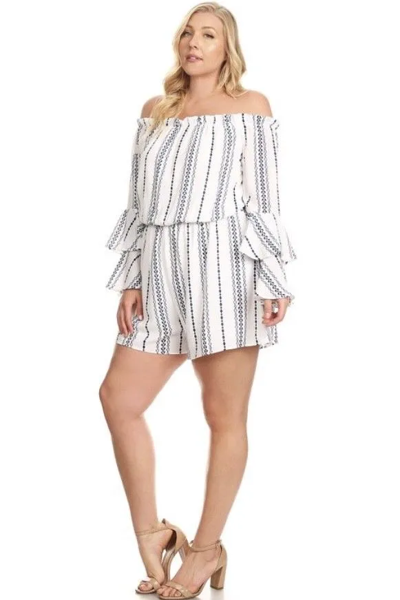 Plus Striped Off Shoulder Romper Long Bell Sleeve White Blue Ruffle