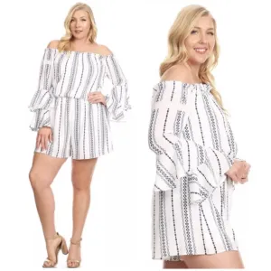 Plus Striped Off Shoulder Romper Long Bell Sleeve White Blue Ruffle