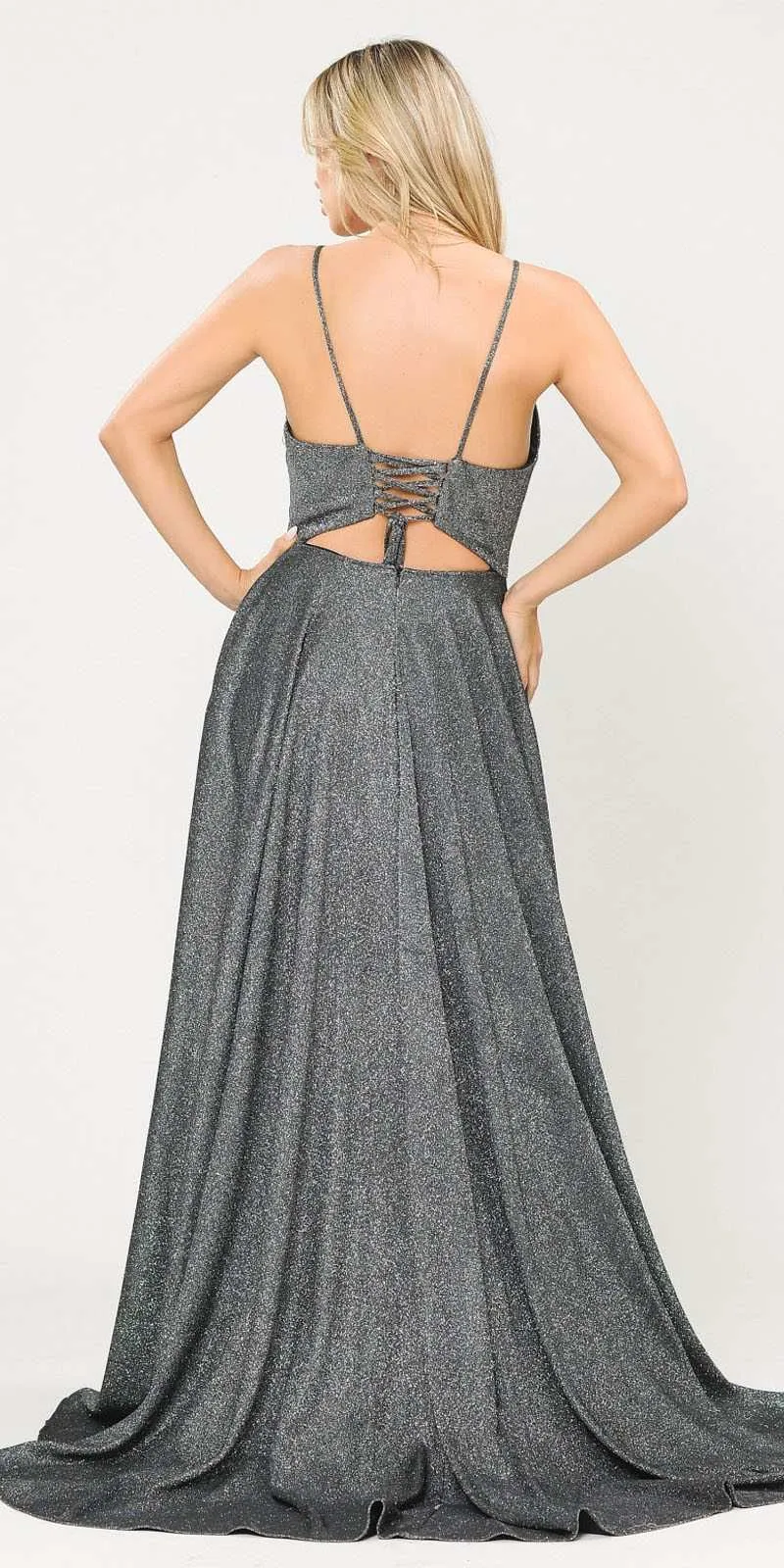 Poly USA 8700 Glitter Knit Lace-Up Back Romper Style Long Dress