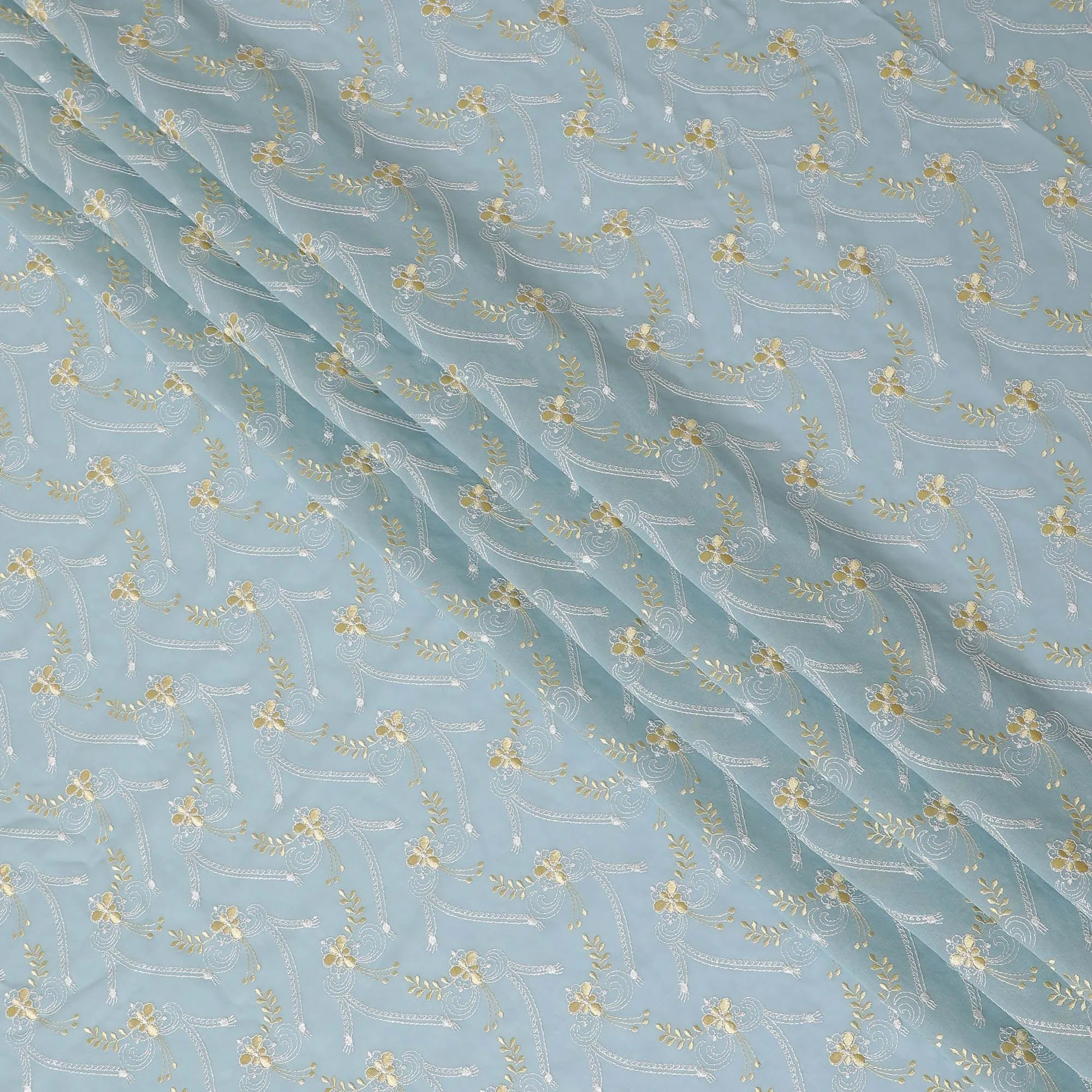 Powder blue Premium 100% Swiss cotton voile (Sudanese Thobe) fabric with gold and silver embrodiery in floral design-D13520