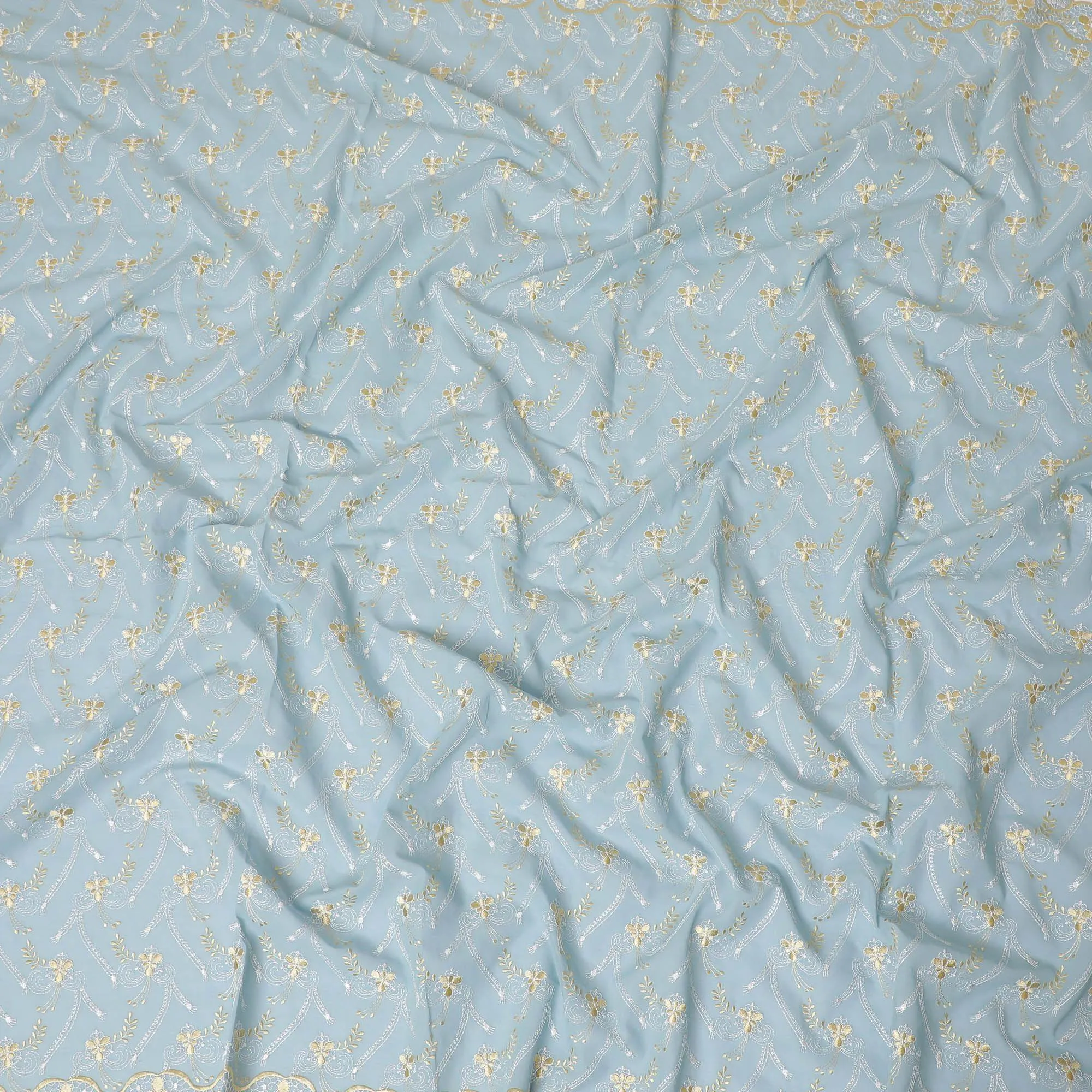 Powder blue Premium 100% Swiss cotton voile (Sudanese Thobe) fabric with gold and silver embrodiery in floral design-D13520