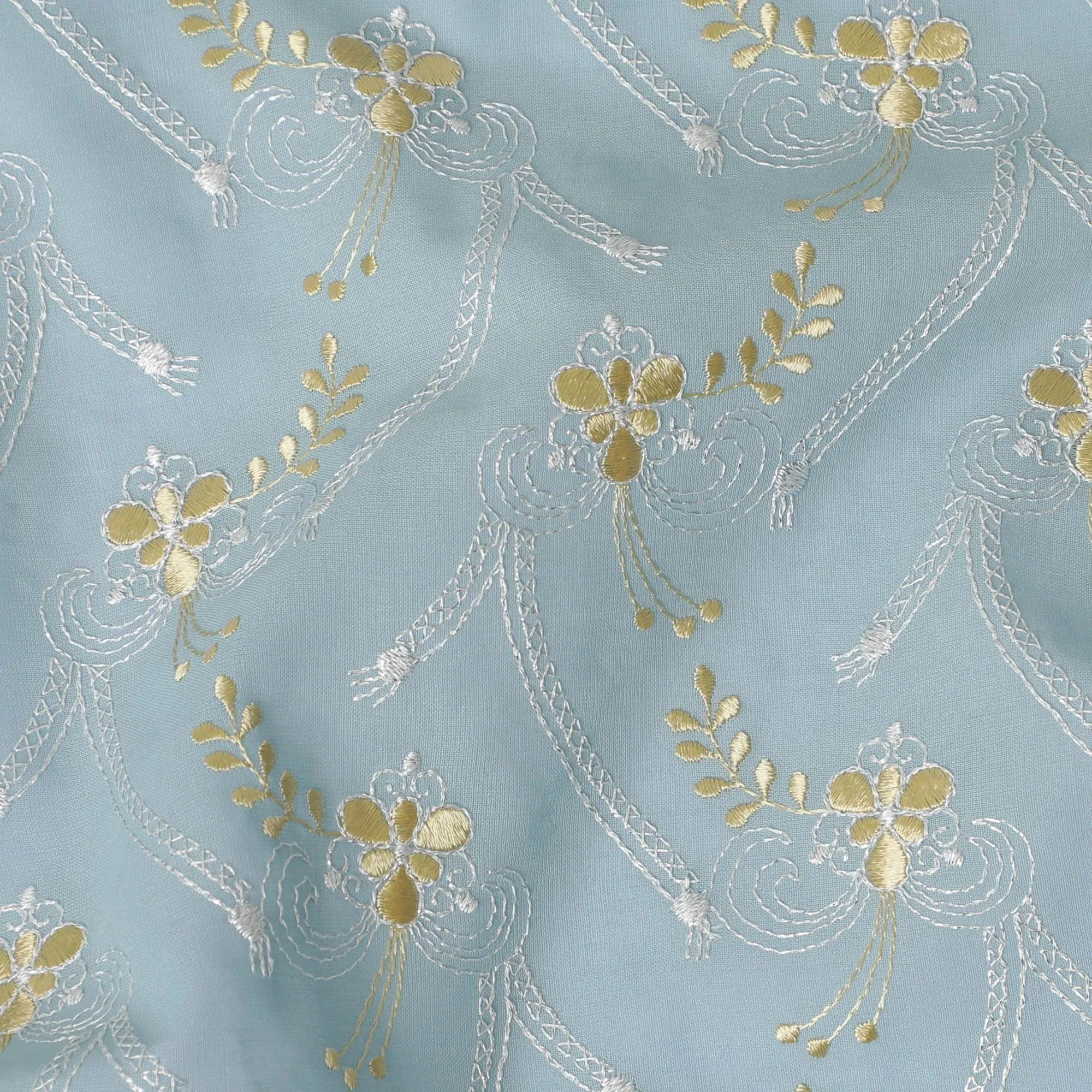 Powder blue Premium 100% Swiss cotton voile (Sudanese Thobe) fabric with gold and silver embrodiery in floral design-D13520