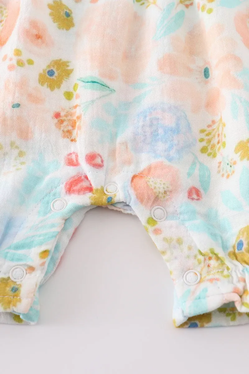 Premium Blue & pink muslin floral ruffle romper