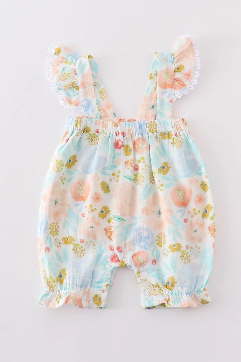 Premium Blue & pink muslin floral ruffle romper