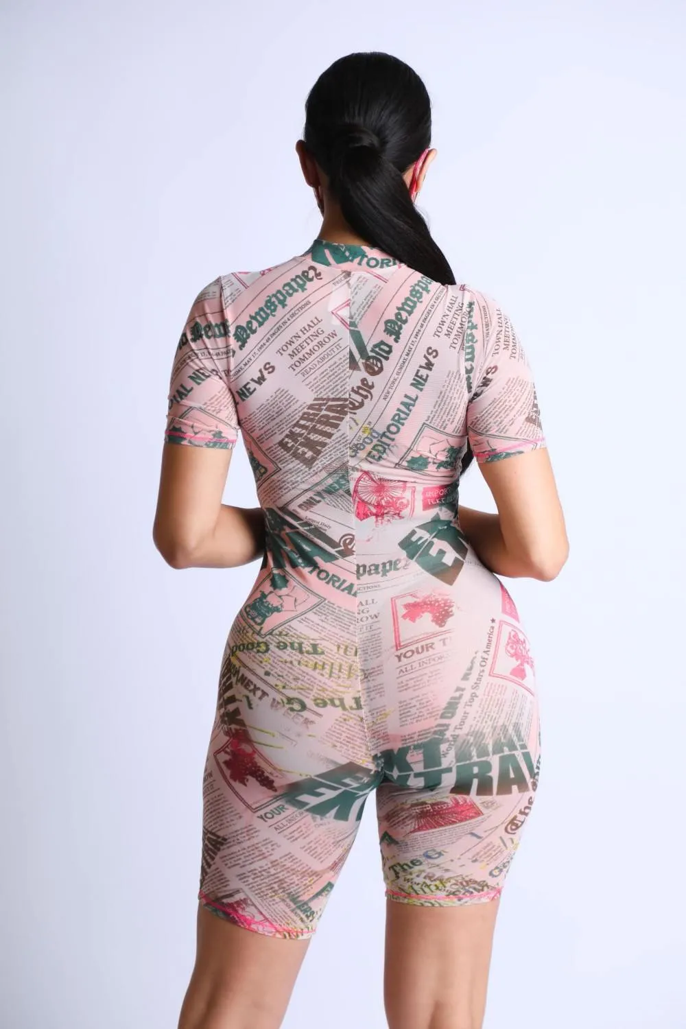 Printed Mesh Romper With Stitching Detail With Mask